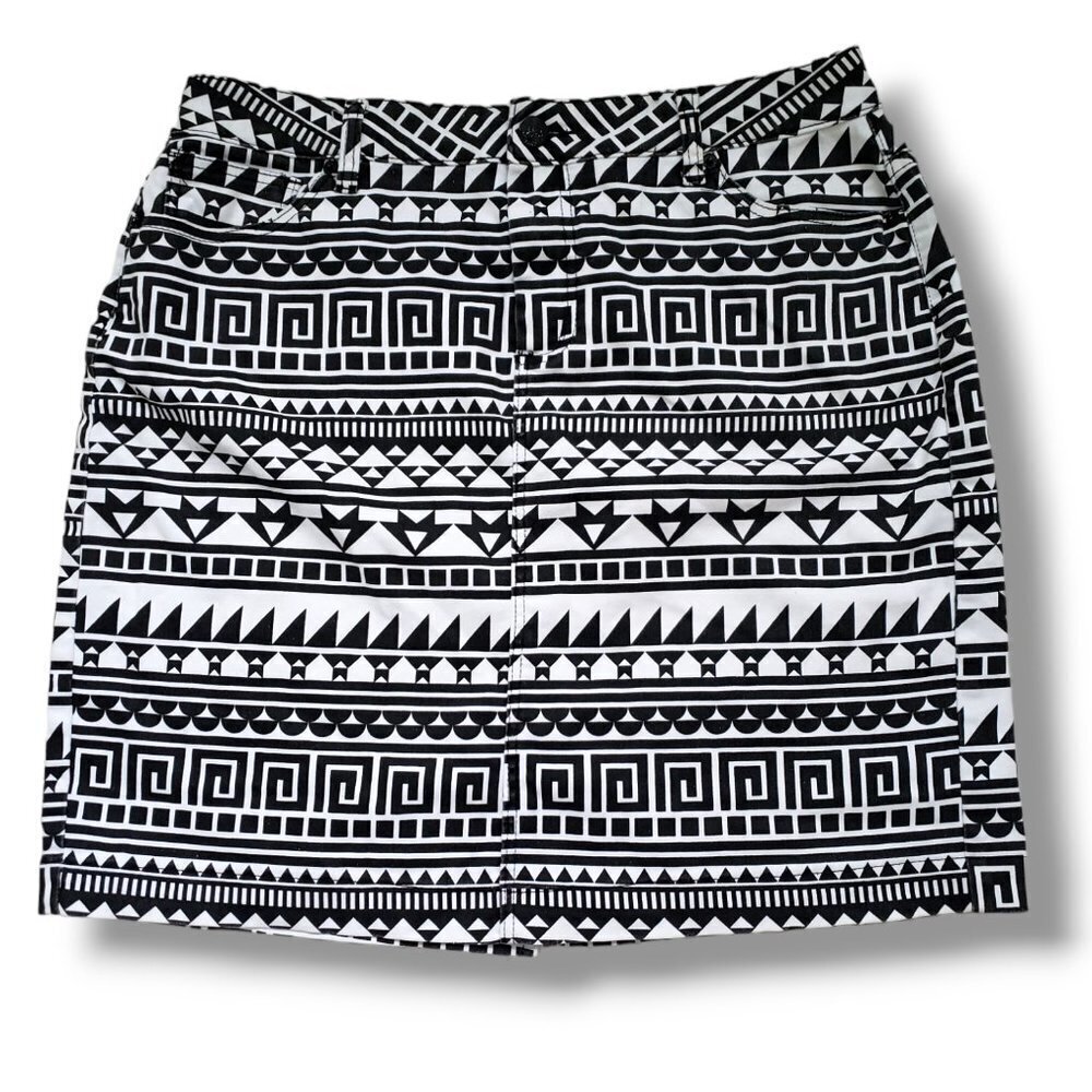 Vintage Women's Tribal Print Denim Mini Skirt Black White Aztec Pattern Size XL